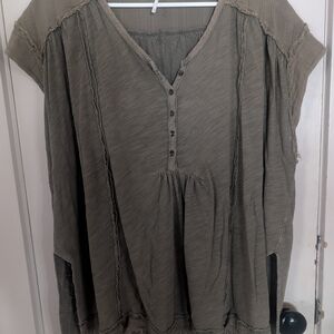 Free People Olive Green Henley Short Sleeve Top - Size XS Oversized